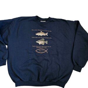 Retro Mens XL‎ Bible Scripture Fisher Of Men Crewneck Sweatshirt Navy Blue 90s